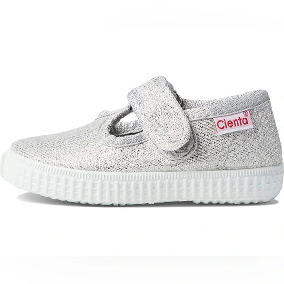 NWT Cienta Silver Sparkle Velcro T-Strap Shoes - Picture 1 of 6